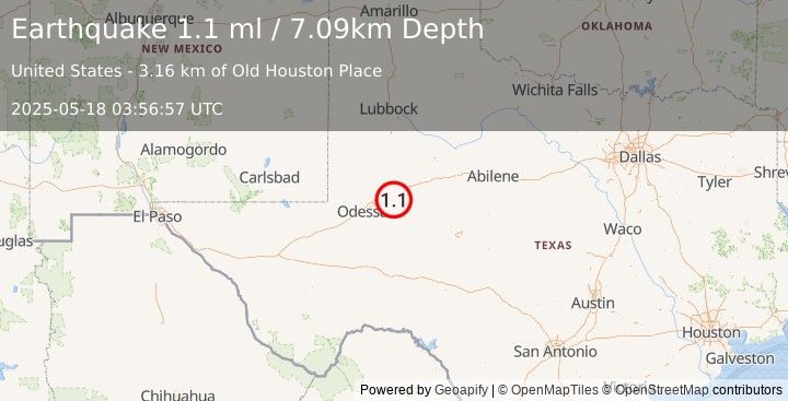 Earthquake 12 km SSE of Stanton, Texas (1.1 ml) (2025-05-18 03:56:57 UTC)