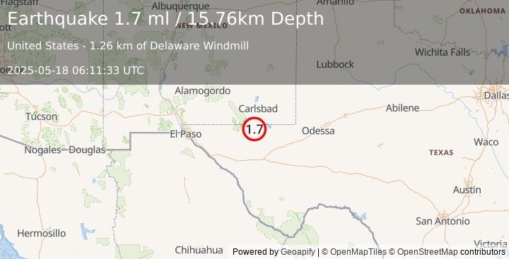 Earthquake 55 km S of Whites City, New Mexico (1.7 ml) (2025-05-18 06:11:32 UTC)