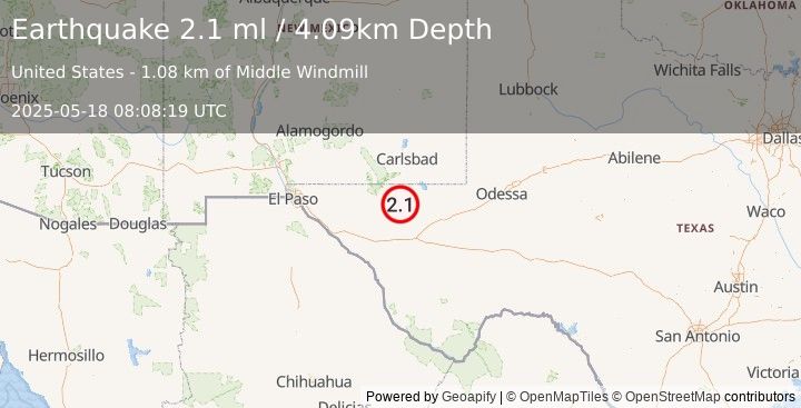 Earthquake 56 km S of Whites City, New Mexico (2.1 ml) (2025-05-18 08:08:19 UTC)