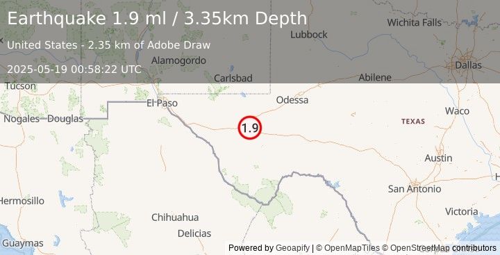 Earthquake 12 km NNE of Balmorhea, Texas (1.9 ml) (2025-05-19 00:58:22 UTC)