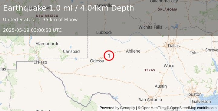 Earthquake 9 km SSW of Big Spring, Texas (1.0 ml) (2025-05-19 03:00:58 UTC)