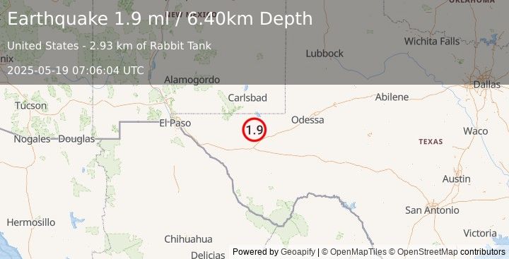 Earthquake 36 km NW of Toyah, Texas (1.9 ml) (2025-05-19 07:06:04 UTC)