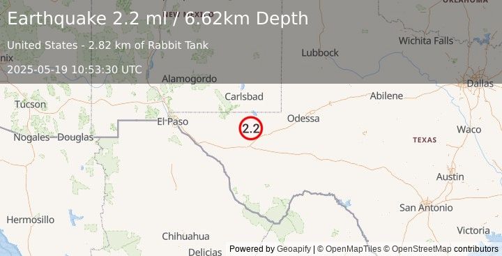 Earthquake 36 km NW of Toyah, Texas (2.2 ml) (2025-05-19 10:53:30 UTC)