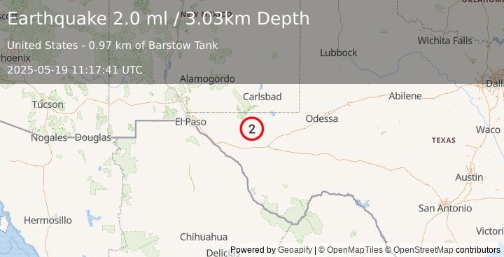 Earthquake 64 km NNE of Van Horn, Texas (2.0 ml) (2025-05-19 11:17:41 UTC)