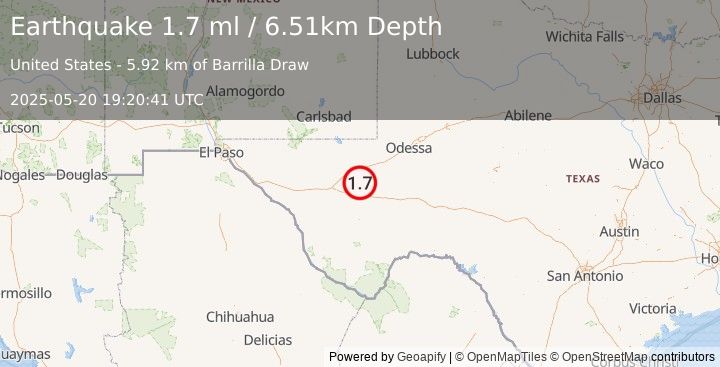 Earthquake 23 km SSE of Lindsay, Texas (1.7 ml) (2025-05-20 19:20:41 UTC)