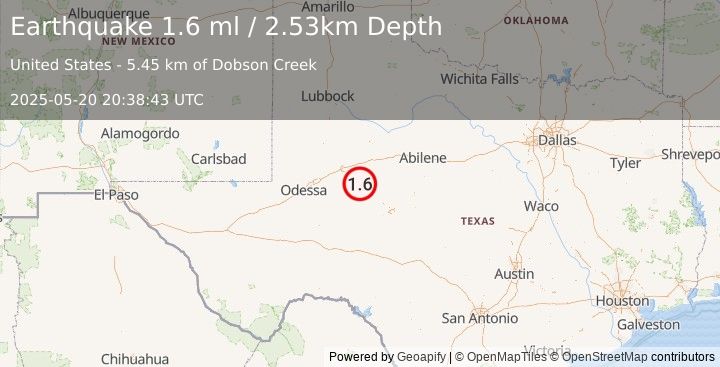 Earthquake 19 km NW of Sterling City, Texas (1.6 ml) (2025-05-20 20:38:43 UTC)