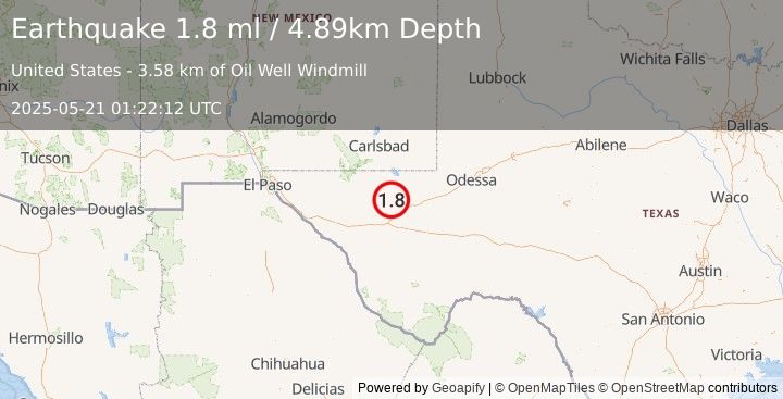 Earthquake 27 km NW of Toyah, Texas (1.8 ml) (2025-05-21 01:22:12 UTC)