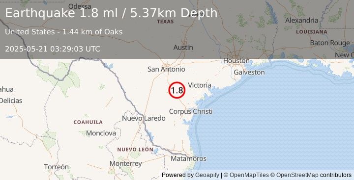 Earthquake 5 km SSW of Pawnee, Texas (1.8 ml) (2025-05-21 03:29:03 UTC)