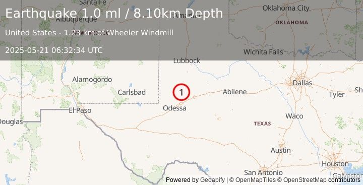 Earthquake 35 km WSW of Ackerly, Texas (1.0 ml) (2025-05-21 06:32:34 UTC)