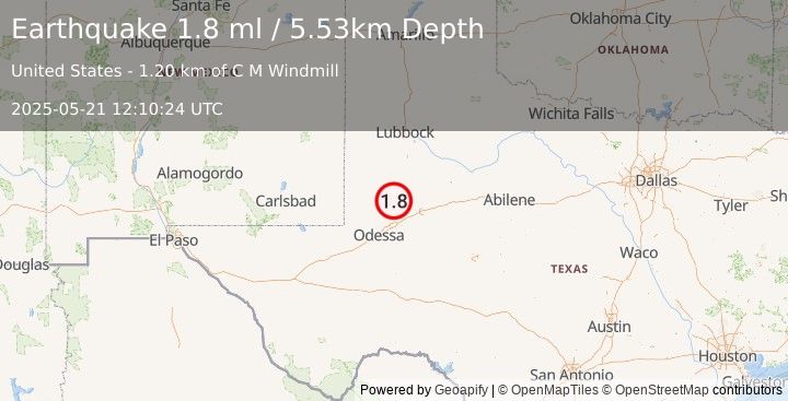 Earthquake 34 km WSW of Ackerly, Texas (1.8 ml) (2025-05-21 12:10:24 UTC)