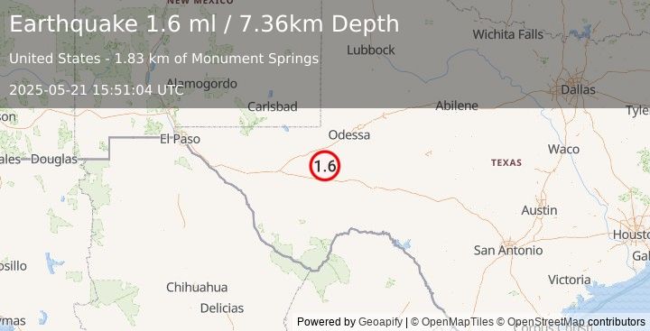 Earthquake 11 km ESE of Coyanosa, Texas (1.6 ml) (2025-05-21 15:51:04 UTC)