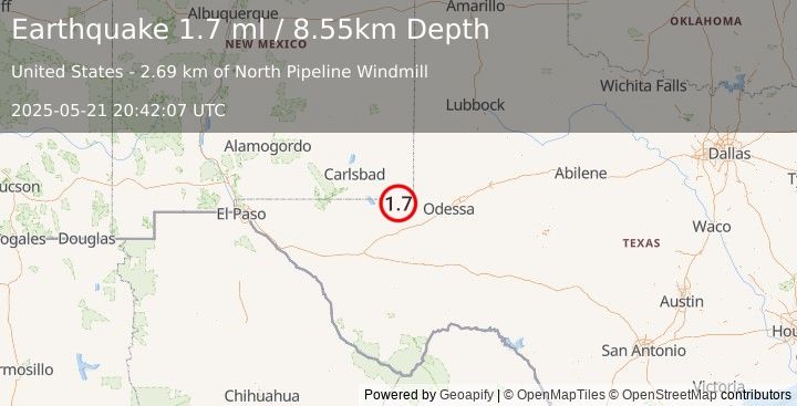Earthquake 25 km SW of Jal, New Mexico (1.7 ml) (2025-05-21 20:42:07 UTC)
