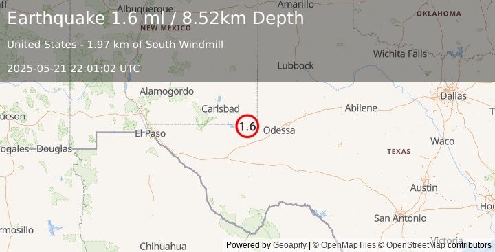 Earthquake 24 km SW of Jal, New Mexico (1.6 ml) (2025-05-21 22:01:02 UTC)