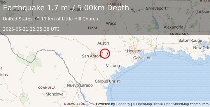 Earthquake 11 km SSE of Luling, Texas (1.7 ml) (2025-05-21 22:35:38 UTC)