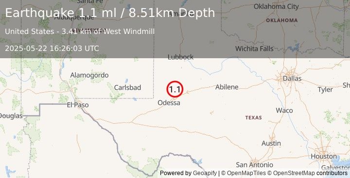 Earthquake 38 km NW of Stanton, Texas (1.1 ml) (2025-05-22 16:26:03 UTC)