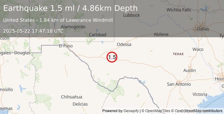 Earthquake 23 km SW of Coyanosa, Texas (1.5 ml) (2025-05-22 17:47:18 UTC)