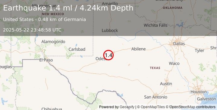 Earthquake 15 km ENE of Midland, Texas (1.4 ml) (2025-05-22 23:48:58 UTC)