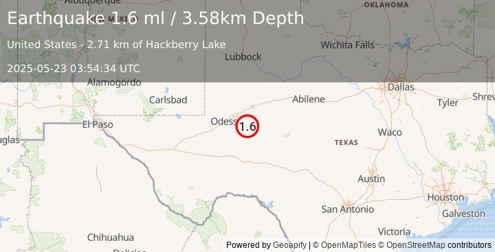 Earthquake 26 km SW of Garden City, Texas (1.6 ml) (2025-05-23 03:54:34 UTC)