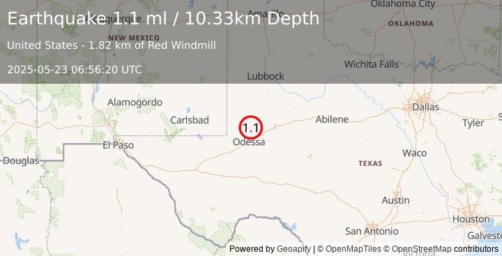 Earthquake 22 km NNE of Gardendale, Texas (1.1 ml) (2025-05-23 06:56:20 UTC)