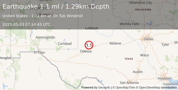 Earthquake 34 km NW of Stanton, Texas (1.1 ml) (2025-05-23 07:14:43 UTC)