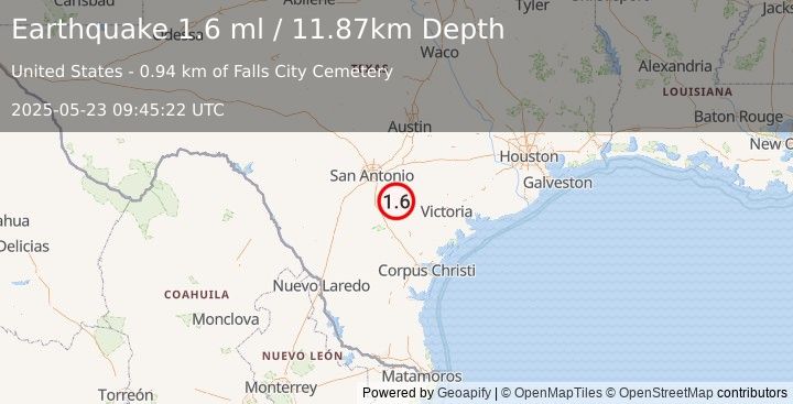 Earthquake 2 km SSE of Falls City, Texas (1.6 ml) (2025-05-23 09:45:22 UTC)