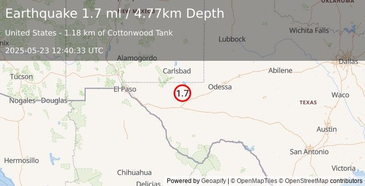 Earthquake 37 km NNW of Toyah, Texas (1.7 ml) (2025-05-23 12:40:33 UTC)