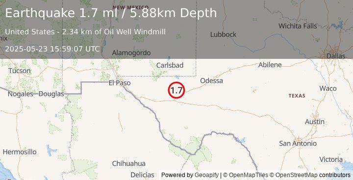 Earthquake 22 km NW of Toyah, Texas (1.7 ml) (2025-05-23 15:59:07 UTC)
