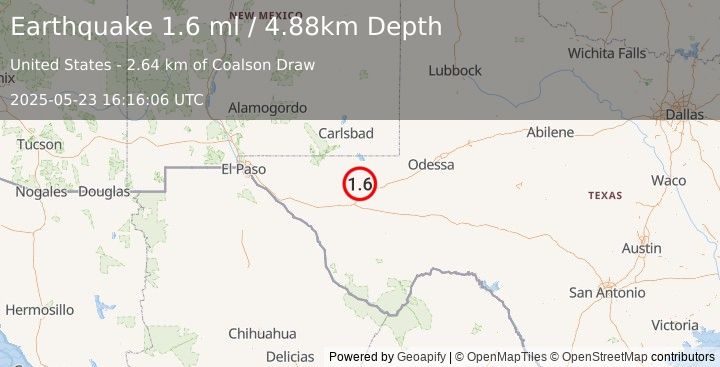 Earthquake 22 km NW of Toyah, Texas (1.6 ml) (2025-05-23 16:16:06 UTC)