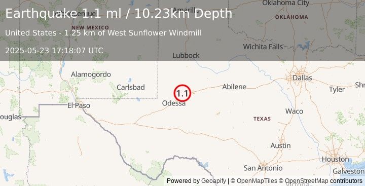 Earthquake 21 km WNW of Stanton, Texas (1.1 ml) (2025-05-23 17:18:07 UTC)