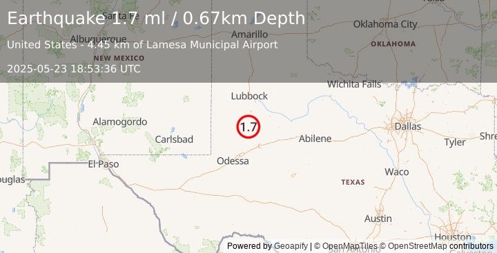 Earthquake 6 km NE of Los Ybanez, Texas (1.7 ml) (2025-05-23 18:53:36 UTC)