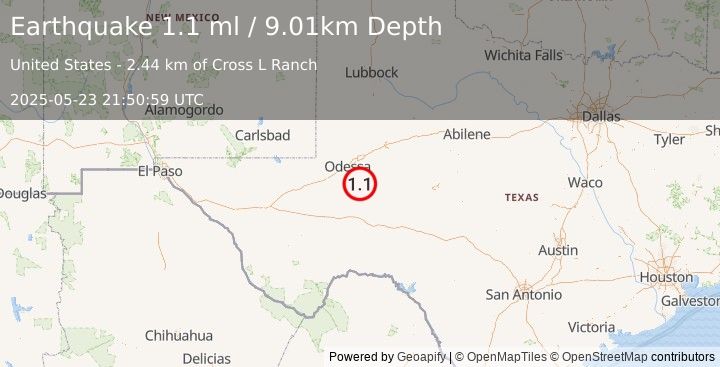 Earthquake 27 km ENE of Crane, Texas (1.1 ml) (2025-05-23 21:50:59 UTC)