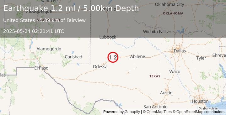 Earthquake 14 km N of Big Spring, Texas (1.2 ml) (2025-05-24 02:21:41 UTC)
