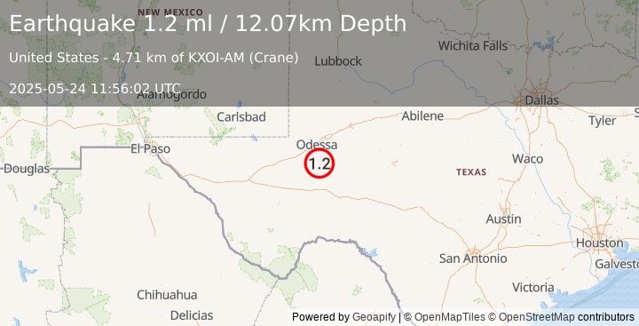 Earthquake 7 km NE of Crane, Texas (1.2 ml) (2025-05-24 11:56:02 UTC)