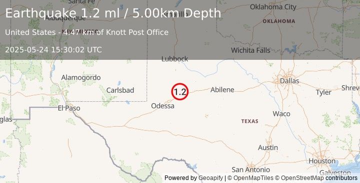Earthquake 18 km NW of Big Spring, Texas (1.2 ml) (2025-05-24 15:30:02 UTC)