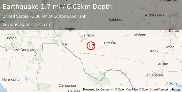 Earthquake 39 km NNW of Toyah, Texas (1.7 ml) (2025-05-24 20:18:26 UTC)