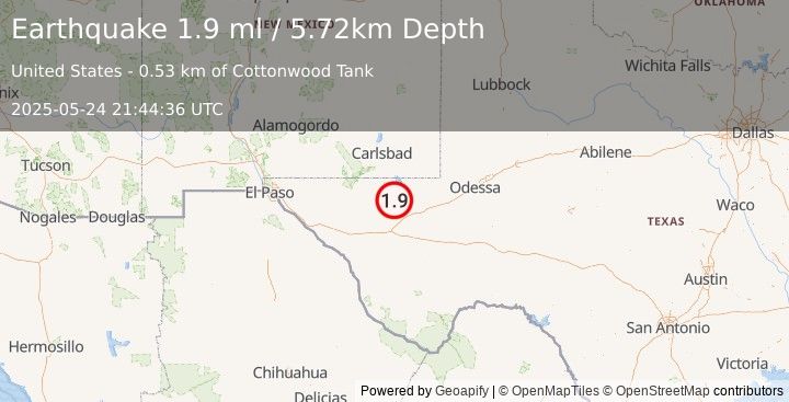 Earthquake 37 km NNW of Toyah, Texas (1.9 ml) (2025-05-24 21:44:36 UTC)