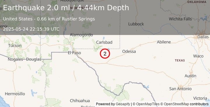 Earthquake 55 km W of Mentone, Texas (2.0 ml) (2025-05-24 22:15:39 UTC)