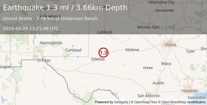 Earthquake 20 km NW of Stanton, Texas (1.3 ml) (2025-05-24 22:25:47 UTC)