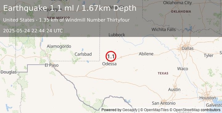 Earthquake 26 km E of McKinney Acres, Texas (1.1 ml) (2025-05-24 22:44:23 UTC)