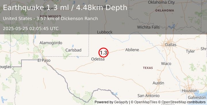 Earthquake 20 km NW of Stanton, Texas (1.3 ml) (2025-05-25 02:05:45 UTC)