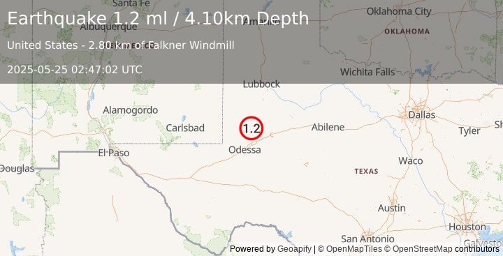 Earthquake 37 km ENE of McKinney Acres, Texas (1.2 ml) (2025-05-25 02:47:02 UTC)