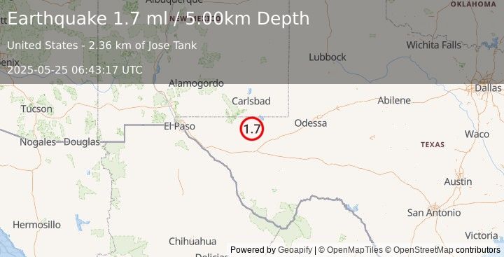 Earthquake 55 km SSE of Whites City, New Mexico (1.7 ml) (2025-05-25 06:43:17 UTC)