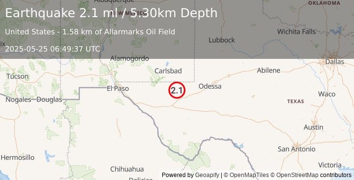 Earthquake 38 km WSW of Mentone, Texas (2.1 ml) (2025-05-25 06:49:39 UTC)