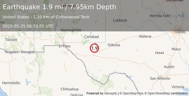 Earthquake 37 km WSW of Mentone, Texas (1.9 ml) (2025-05-25 06:53:05 UTC)