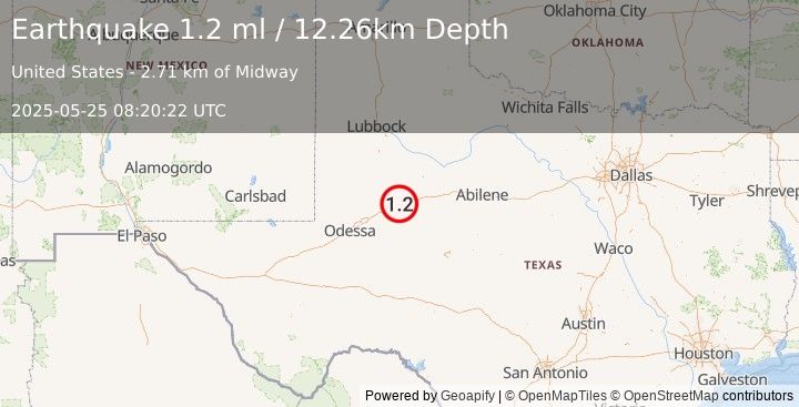 Earthquake 3 km WNW of Sand Springs, Texas (1.2 ml) (2025-05-25 08:20:22 UTC)