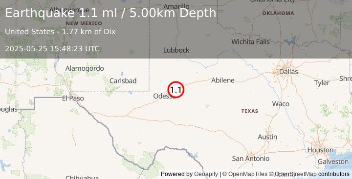 Earthquake 7 km SW of Stanton, Texas (1.1 ml) (2025-05-25 15:48:23 UTC)