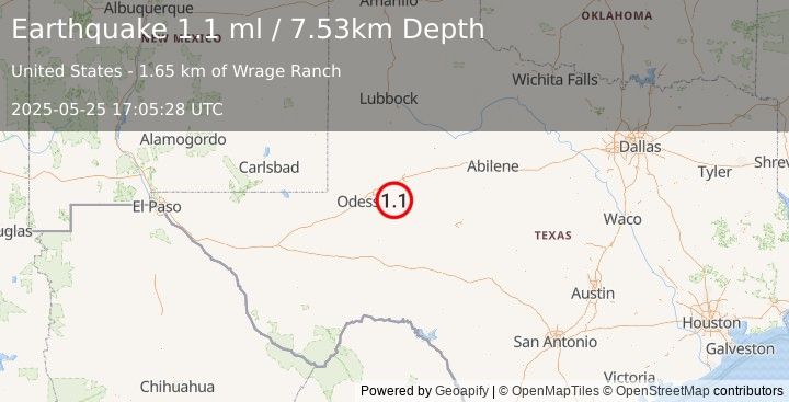 Earthquake 22 km W of Garden City, Texas (1.1 ml) (2025-05-25 17:05:28 UTC)