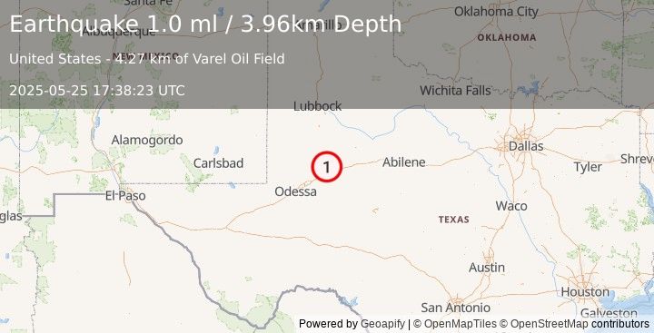 Earthquake 16 km NW of Big Spring, Texas (1.0 ml) (2025-05-25 17:38:23 UTC)
