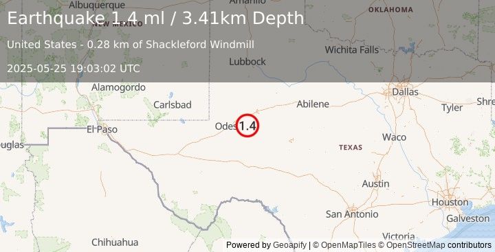 Earthquake 28 km SE of Midland, Texas (1.4 ml) (2025-05-25 19:03:02 UTC)