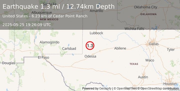 Earthquake 24 km ESE of Seminole, Texas (1.3 ml) (2025-05-25 19:26:09 UTC)